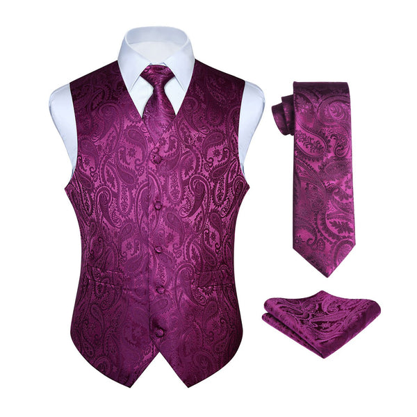 Paisley Vest Tie Handkerchief Set - PURPLE