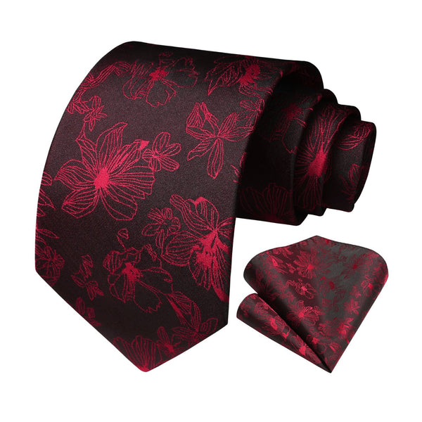Floral Tie Handkerchief Set - A34-BLACK/RED 