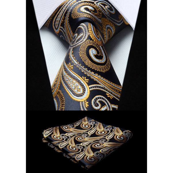 Paisley Tie Handkerchief Set - A - NAVY BLUE/GOLD 