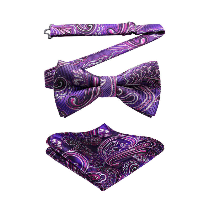 Paisley Pre-Tied Bow Tie & Pocket Square - D-PURPLE 2 