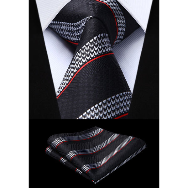 Stripe Tie Handkerchief Set - E-02 BLACK/GREY/RED 