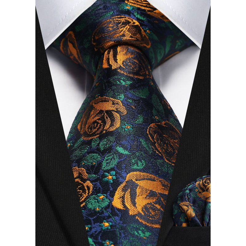 Floral 3.4 inch Tie Handkerchief Set - ORANGE/GREEN/NAVY BLUE 