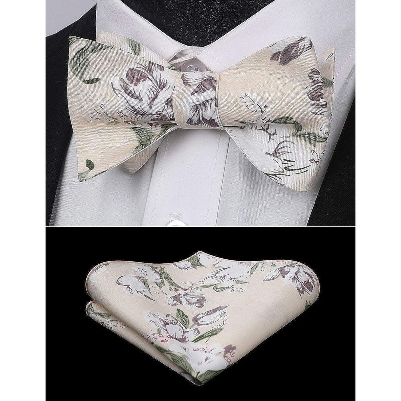 Floral Bow Tie & Pocket Square - BEIGE-FLORAL 