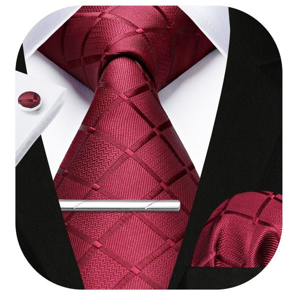 Plaid Tie Handkerchief Cufflinks Clip - BURGUNDY