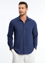 Men's Long Sleeve Navy Blue Casual Linen Shirts for Summer Beach