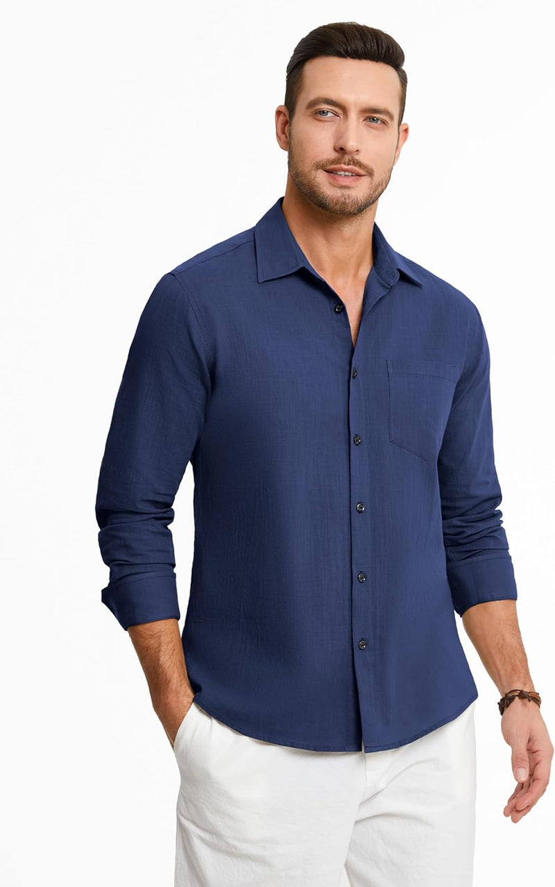 Men's Long Sleeve Navy Blue Casual Linen Shirts for Summer Beach