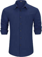 Men's Long Sleeve Navy Blue Casual Linen Shirts for Summer Beach