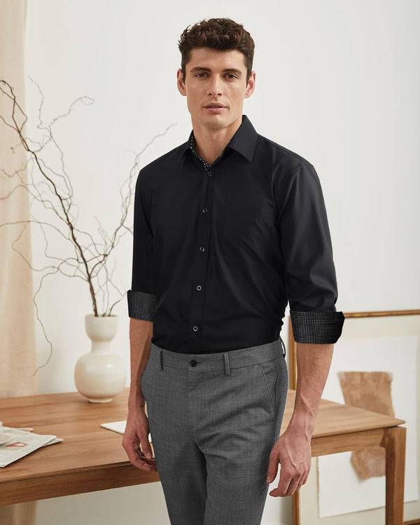 Men's Patchwork Dress Shirt with Pocket - F1-BLACK