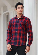 Plaid Men's Flannel Shirt With Pockets - 7G-RED/NAVY BLUE-07