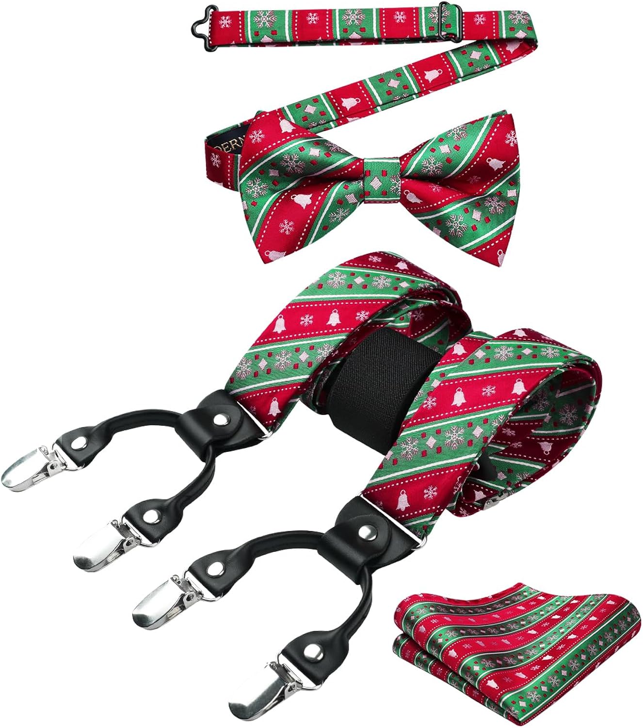Christmas Suspender Pre-Tied Bow Tie Handkerchief - RED/GREEN