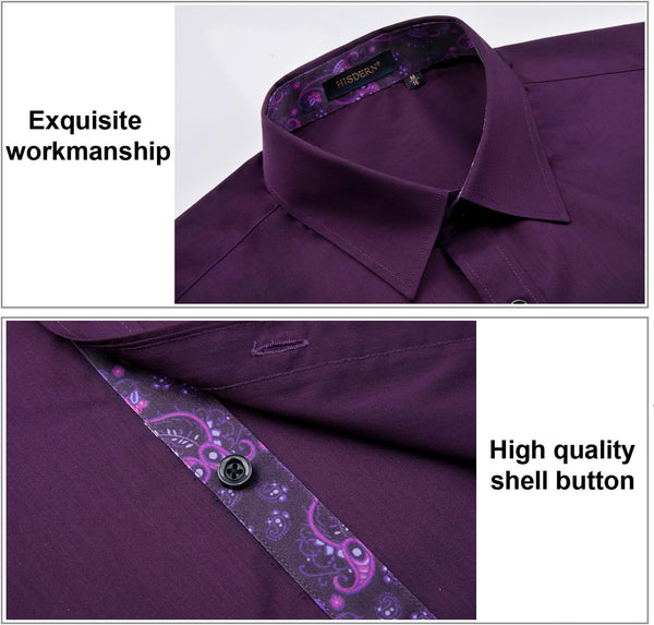 Men's Patchwork Dress Shirt with Pocket - DARK PURPLE/PAISLEY