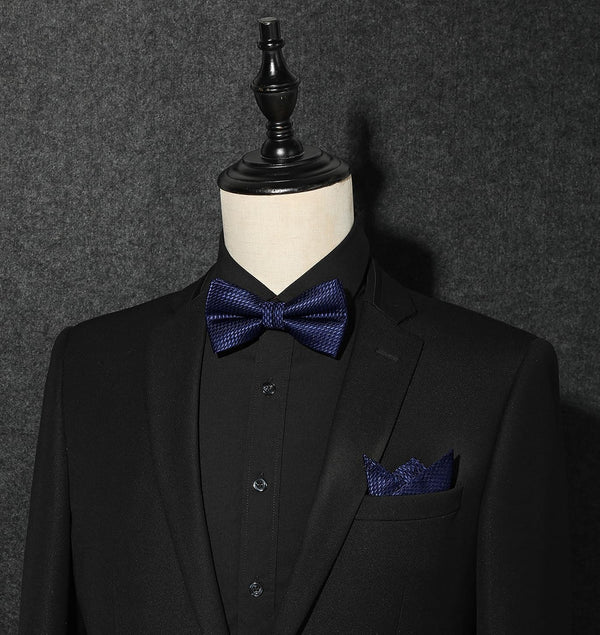 Plaid Pre-Tied Bow Tie & Pocket Square - NAVY BLUE
