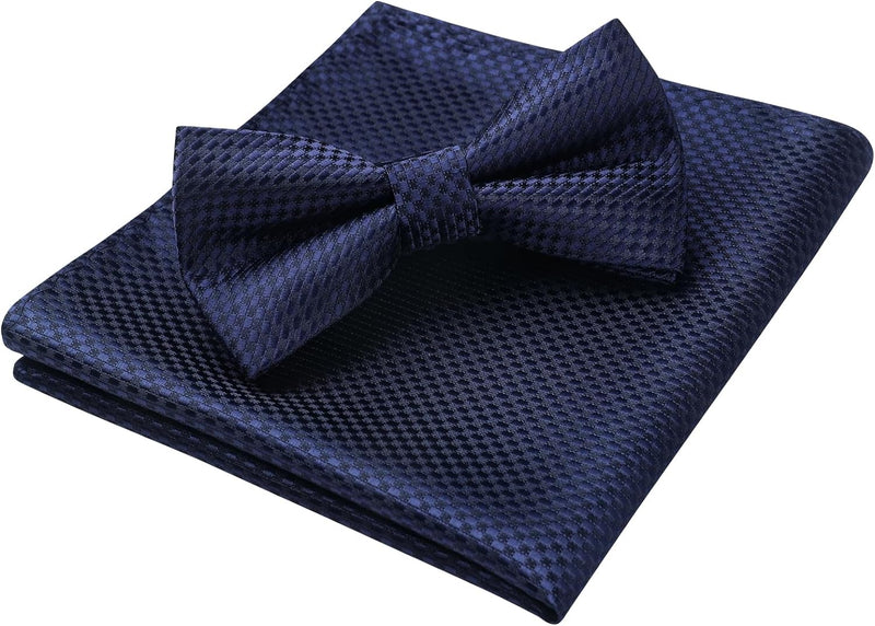 Plaid Pre-Tied Bow Tie & Pocket Square - NAVY BLUE