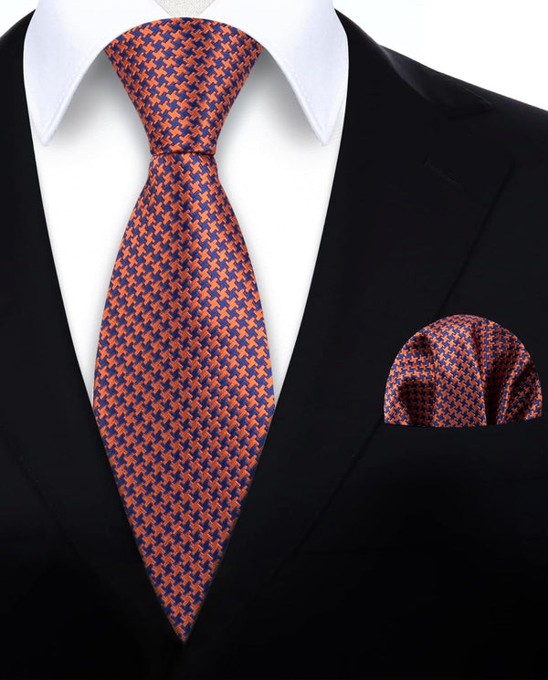 Houndstooth Tie Handkerchief Set - B-ORANGE