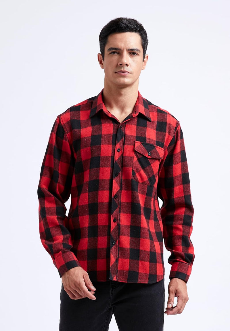 Plaid Men's Flannel Shirt With Pockets - Z-RED SHIRT-1