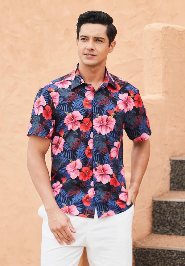 Funky Hawaiian Shirts with Pocket - A4-NAVY PINK