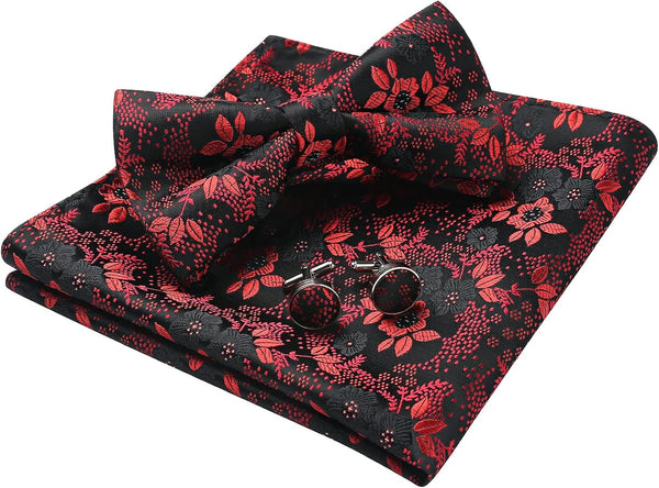 Floral Pre-Tied Bow Tie Pocket Square Cufflinks - RED/BLACK 