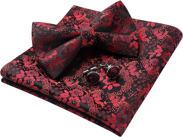 Floral Pre-Tied Bow Tie Pocket Square Cufflinks - RED 