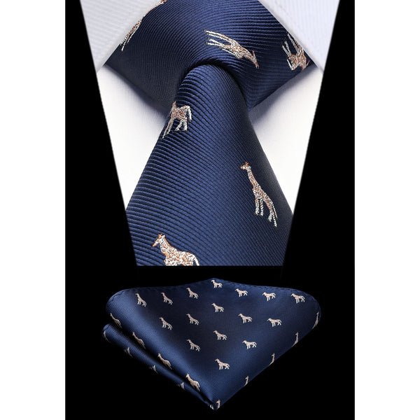Giraffe Tie Handkerchief Set - NAVY BLUE-2 