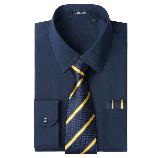 Men's Shirt with Tie Handkerchief Set - 03-NAVY BLUE 