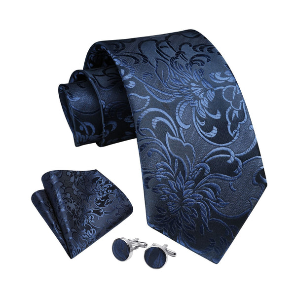 Floral Tie Handkerchief Cufflinks - A-NAVY BLUE2 