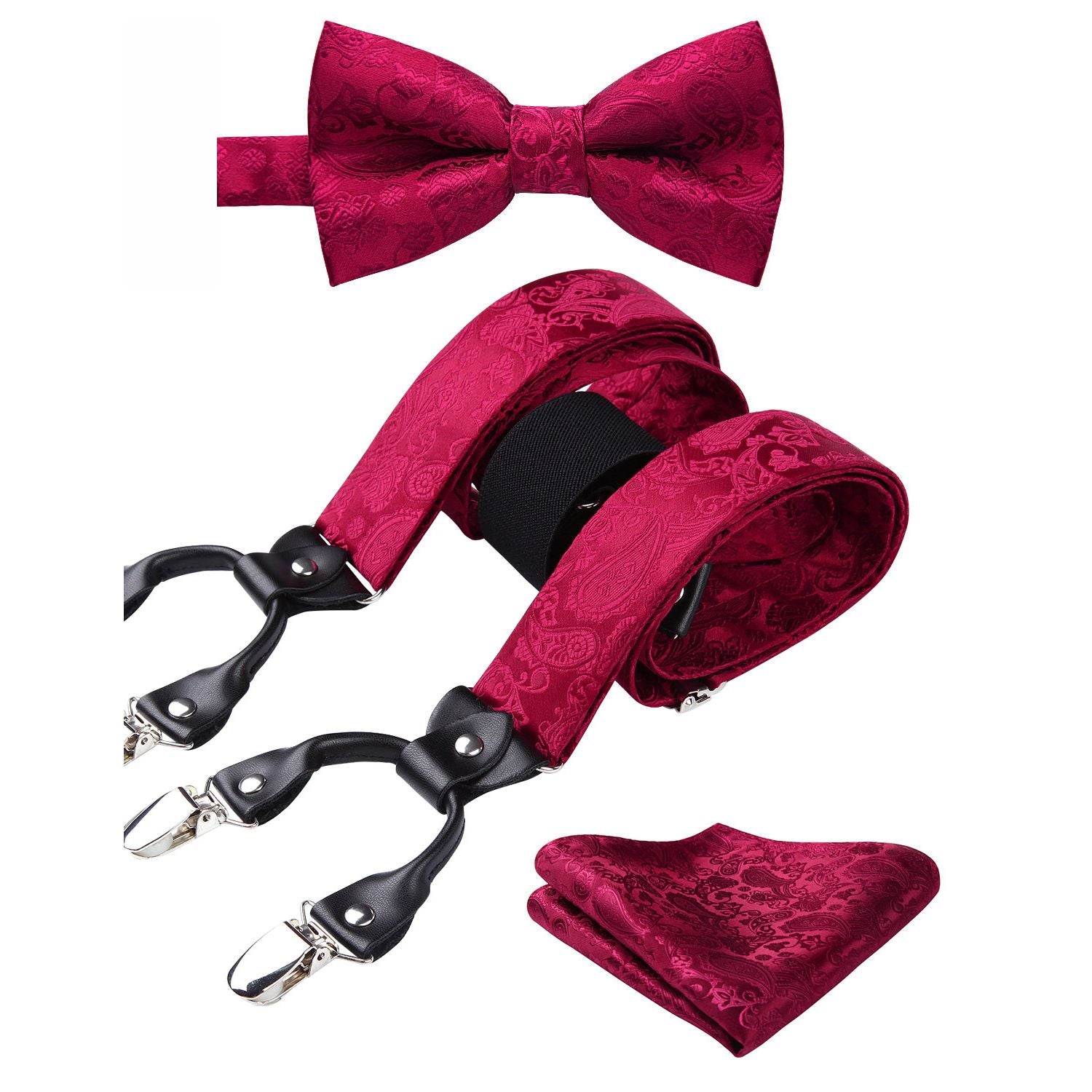 burgundy bow tie and suspenders wedding