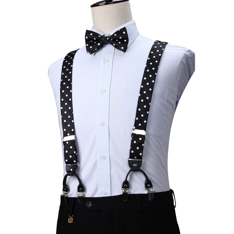 Polka Dot Suspender Pre-Tied Bow Tie Handkerchief - C4-BLACK 