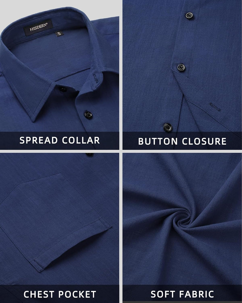 Men's Long Sleeve Navy Blue Casual Linen Shirts for Summer Beach