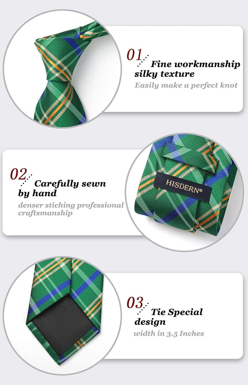 Men's Plaid Tie Handkerchief Set - 022-GREEN