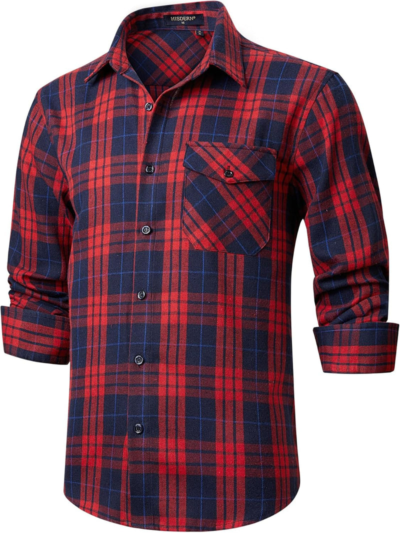 Plaid Men's Flannel Shirt With Pockets - 7G-RED/NAVY BLUE-07