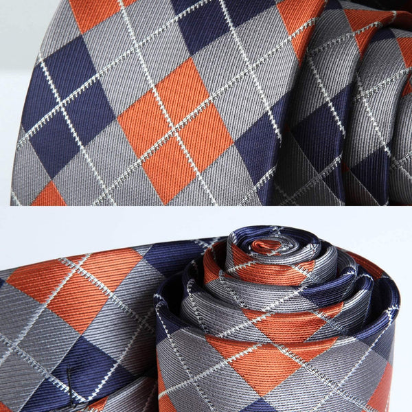Plaid Tie Handkerchief Set - B-ORANGE/GRAY/NAVY BLUE