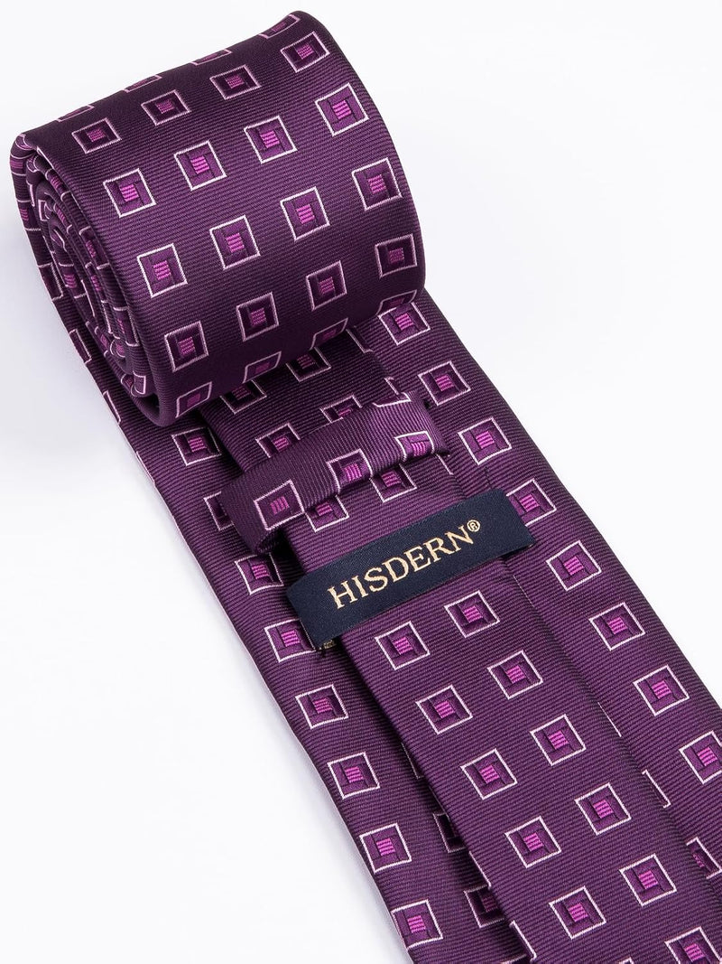 Men's Plaid Tie Handkerchief Set - F2-PURPLE