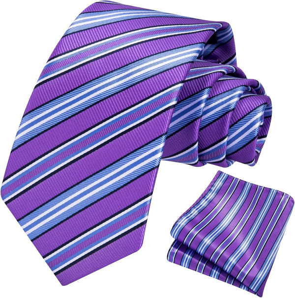 Stripe Tie Handkerchief Set - D-03-PURPLE/BLUE