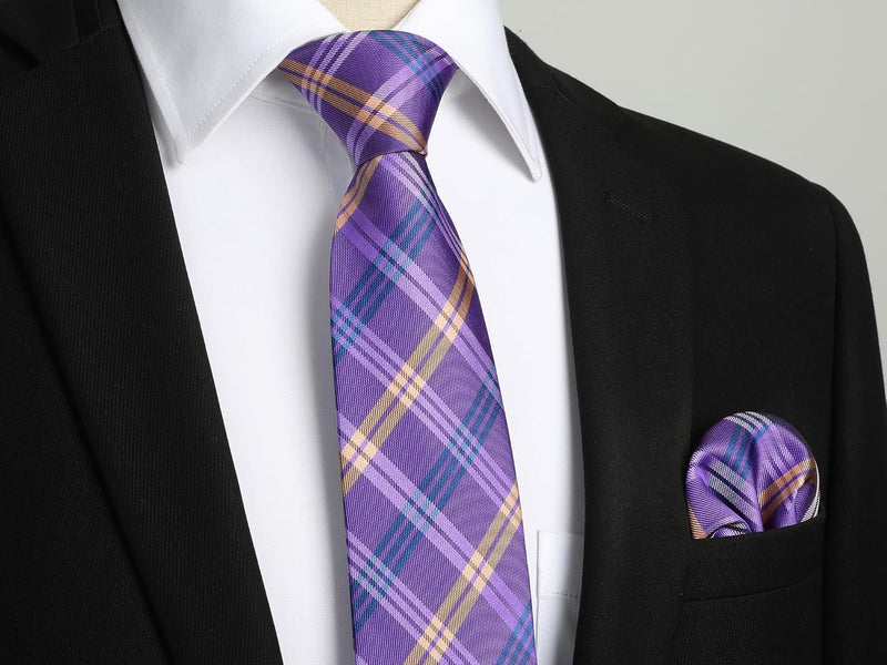 Men's Plaid Tie Handkerchief Set - 024-PURPLE