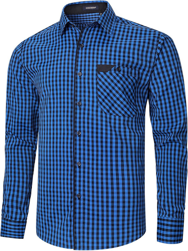 Men's Casual Long Sleeve Plaid Shirt - F-BLUE