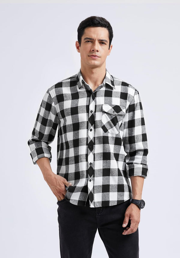 Plaid Men's Flannel Shirt With Pockets - Z-BLACK WHITE