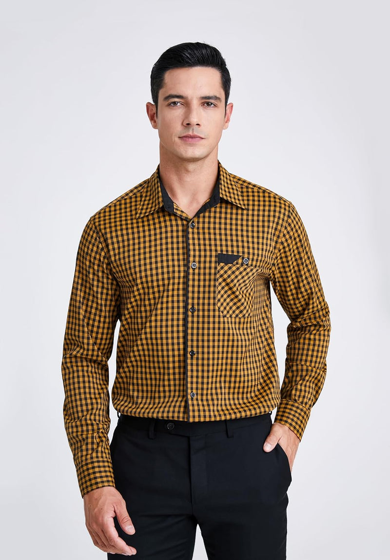 Men's Casual Long Sleeve Plaid Shirt - C-YELLOW