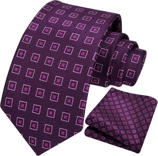 Men's Plaid Tie Handkerchief Set - F2-PURPLE