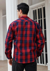 Plaid Men's Flannel Shirt With Pockets - 7G-RED/NAVY BLUE-07