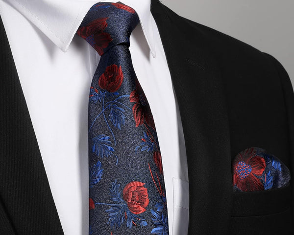 Floral Tie Handkerchief Cufflinks - A-NAVY BLUE RED