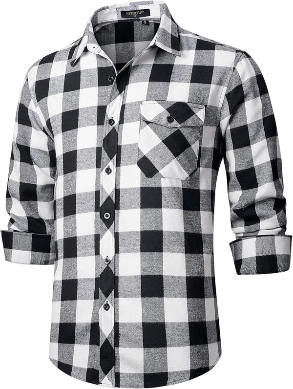 Plaid Men's Flannel Shirt With Pockets - Z-BLACK WHITE