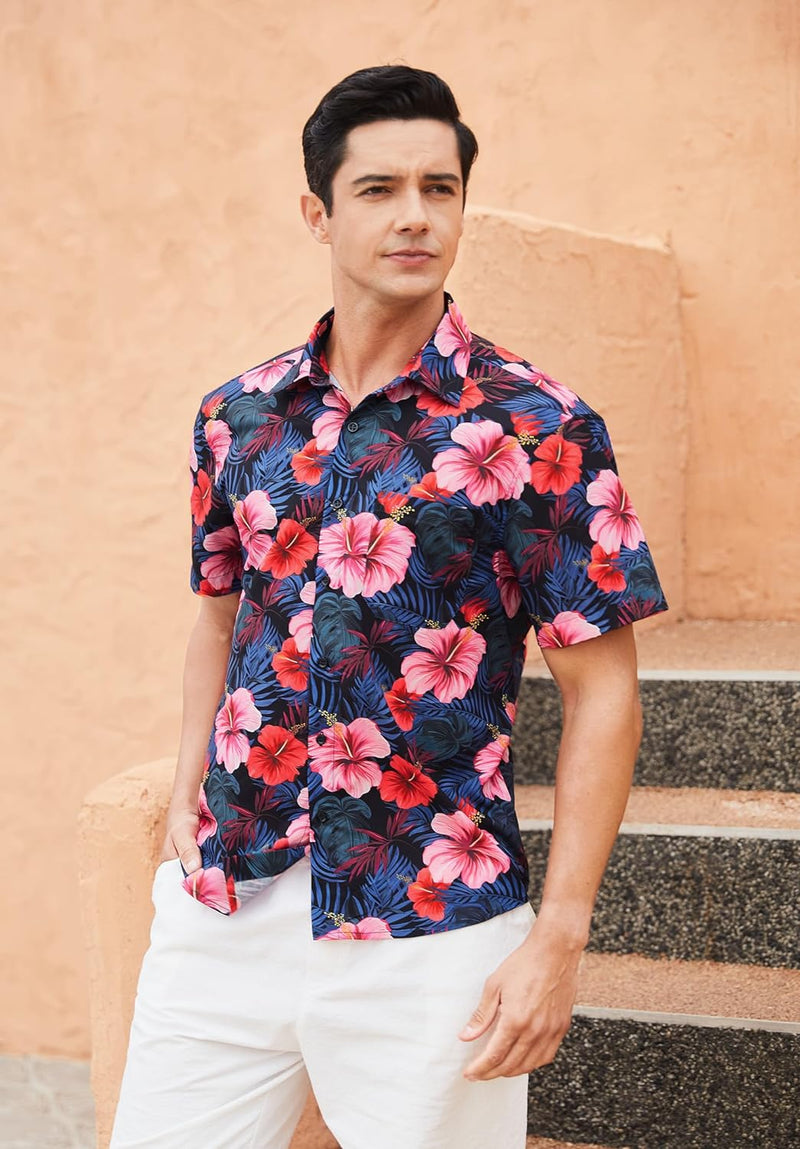 Funky Hawaiian Shirts with Pocket - A4-NAVY PINK
