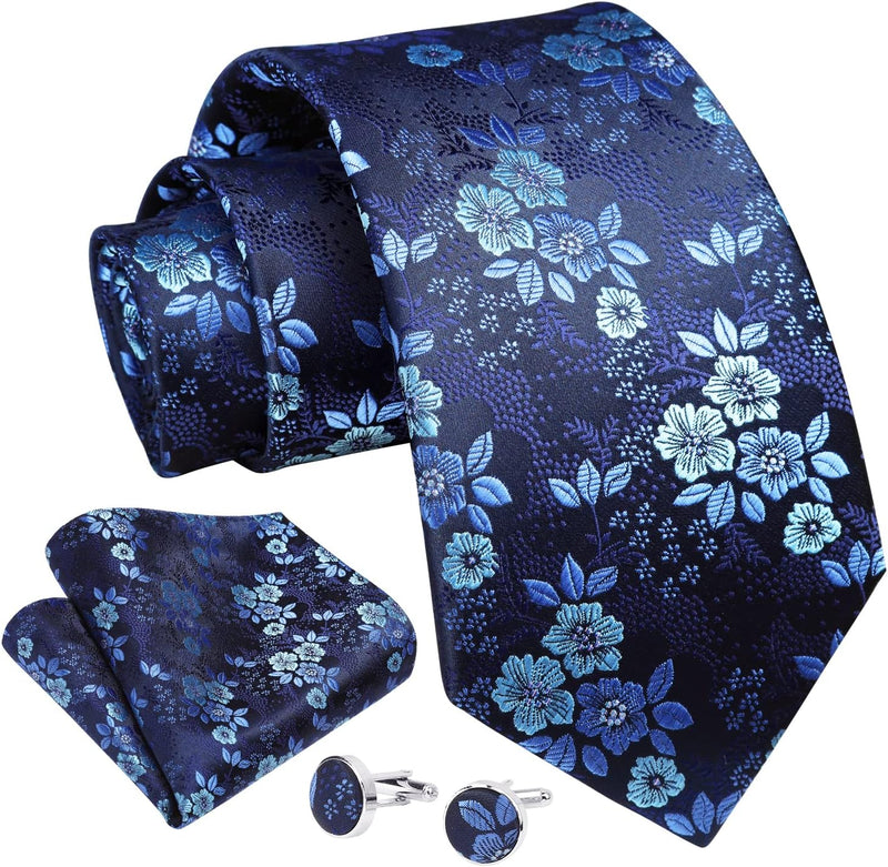 Floral Tie Handkerchief Cufflinks - NAVY BLUE