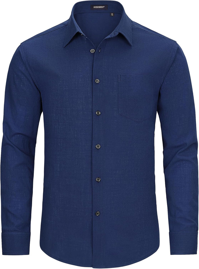 Men's Long Sleeve Navy Blue Casual Linen Shirts for Summer Beach