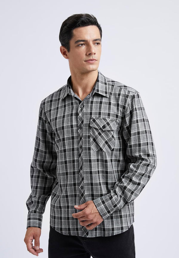 Plaid Men's Flannel Shirt With Pockets - Z-GREY BLACK