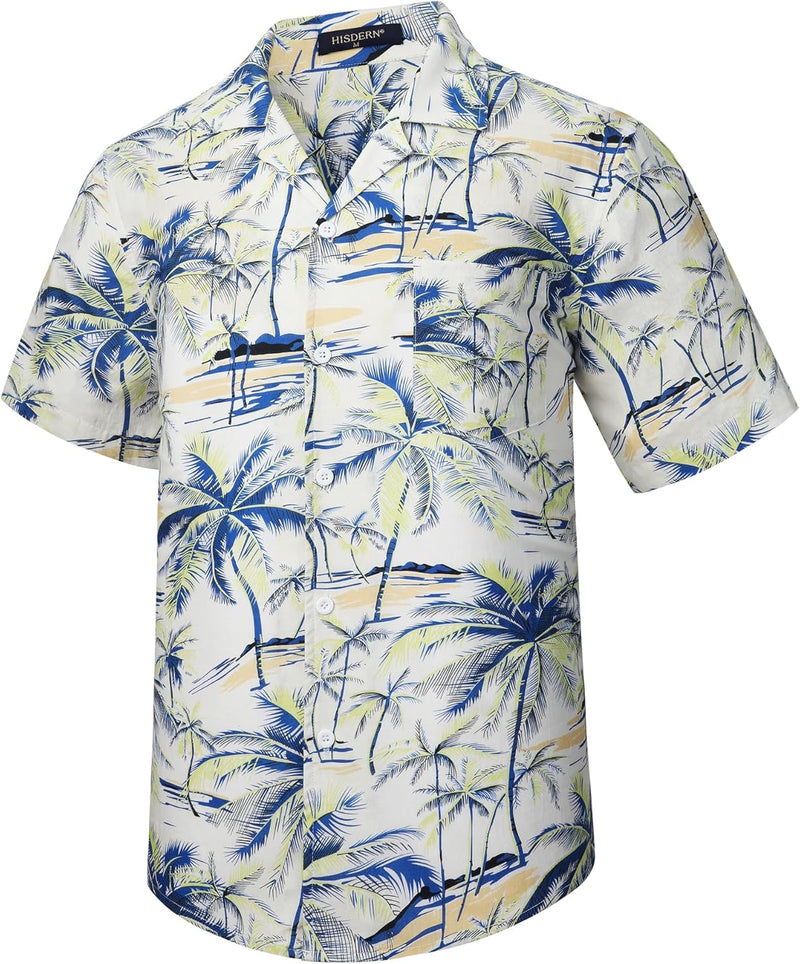 Yellow White Palm Tree Button Up Hawaiian Shirt For Summer Vacation