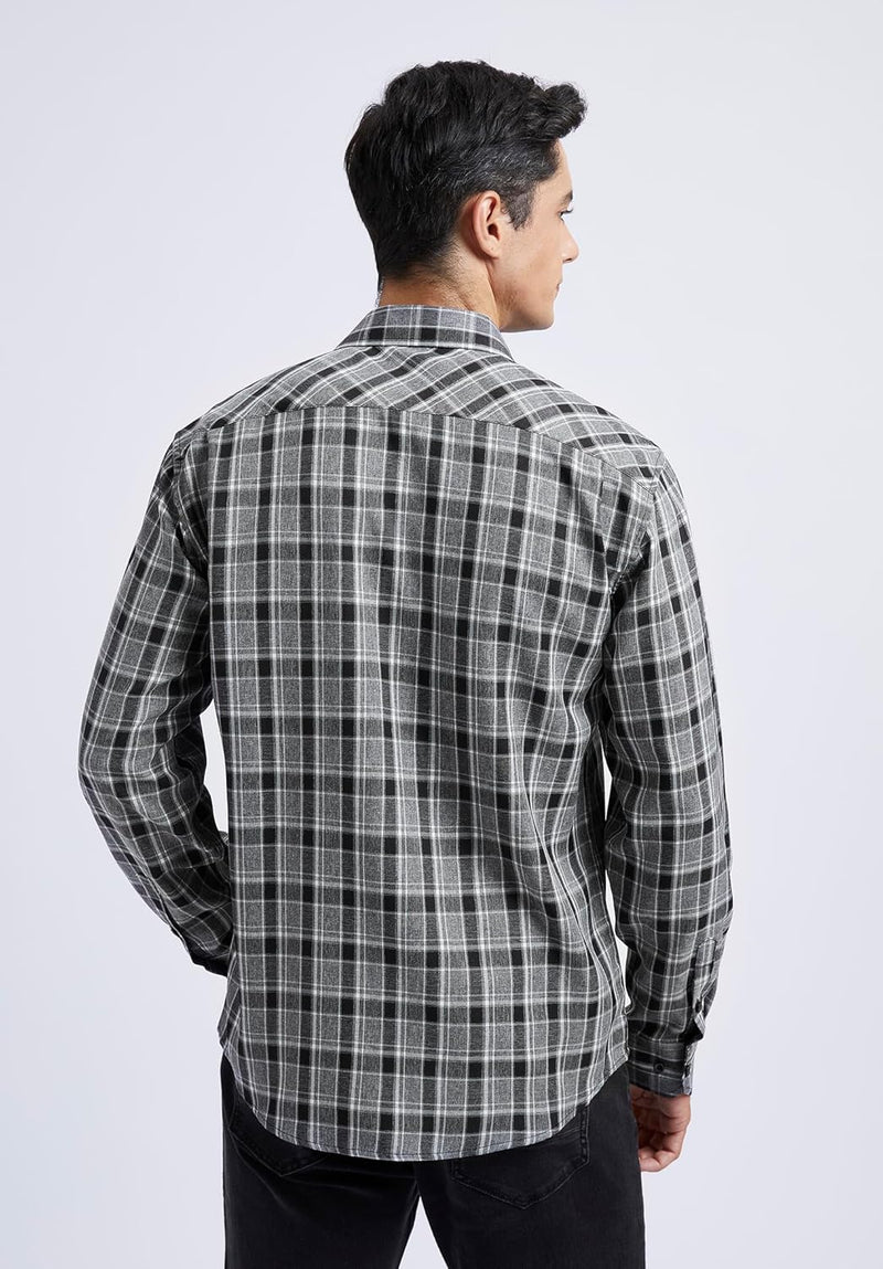 Plaid Men's Flannel Shirt With Pockets - Z-GREY BLACK