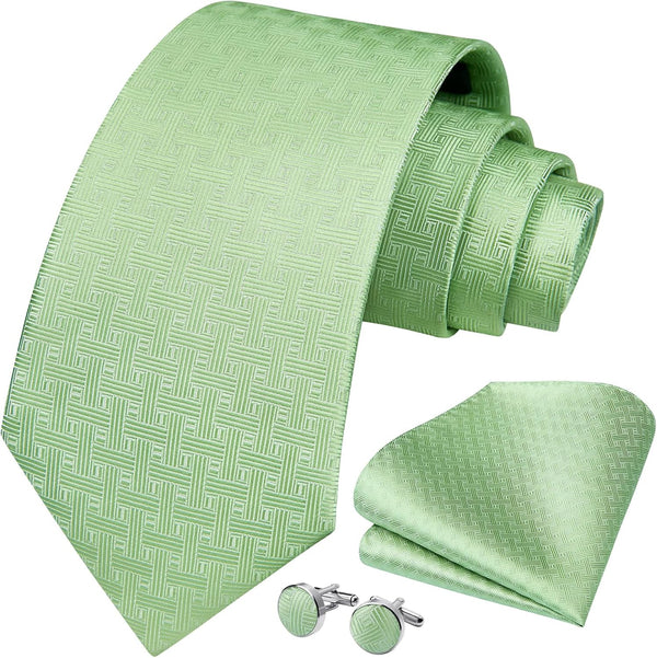 Hisdern Sage Green Houndstooth Wedding Tie Set with Cufflinks