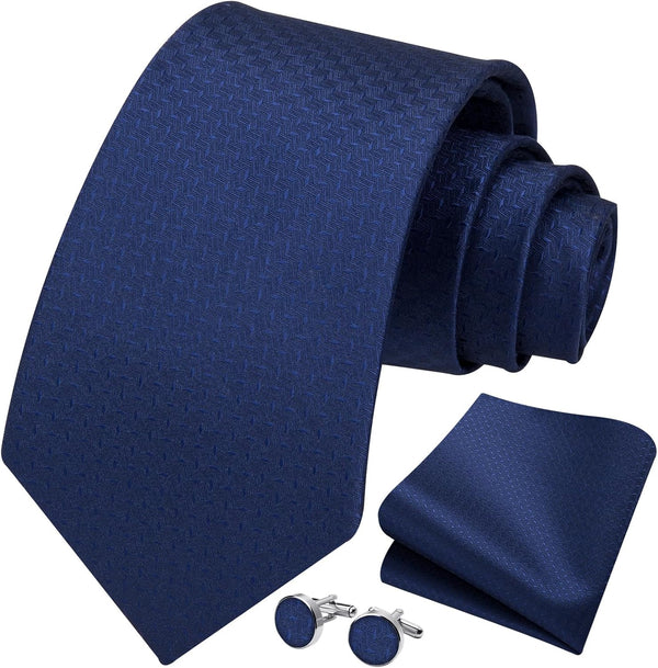Hisdern Navy Blue Houndstooth Wedding Tie Set with Cufflinks