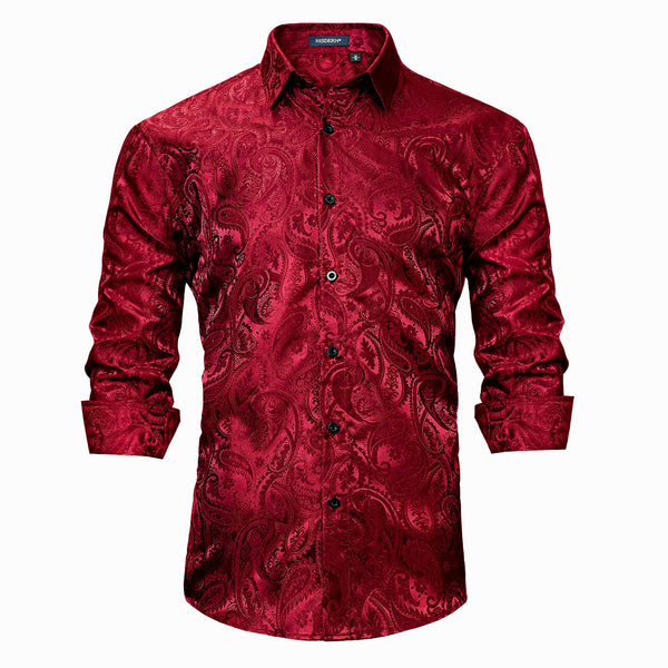 Men's Long Sleeve Shirt With Printing - RED PAISLEY